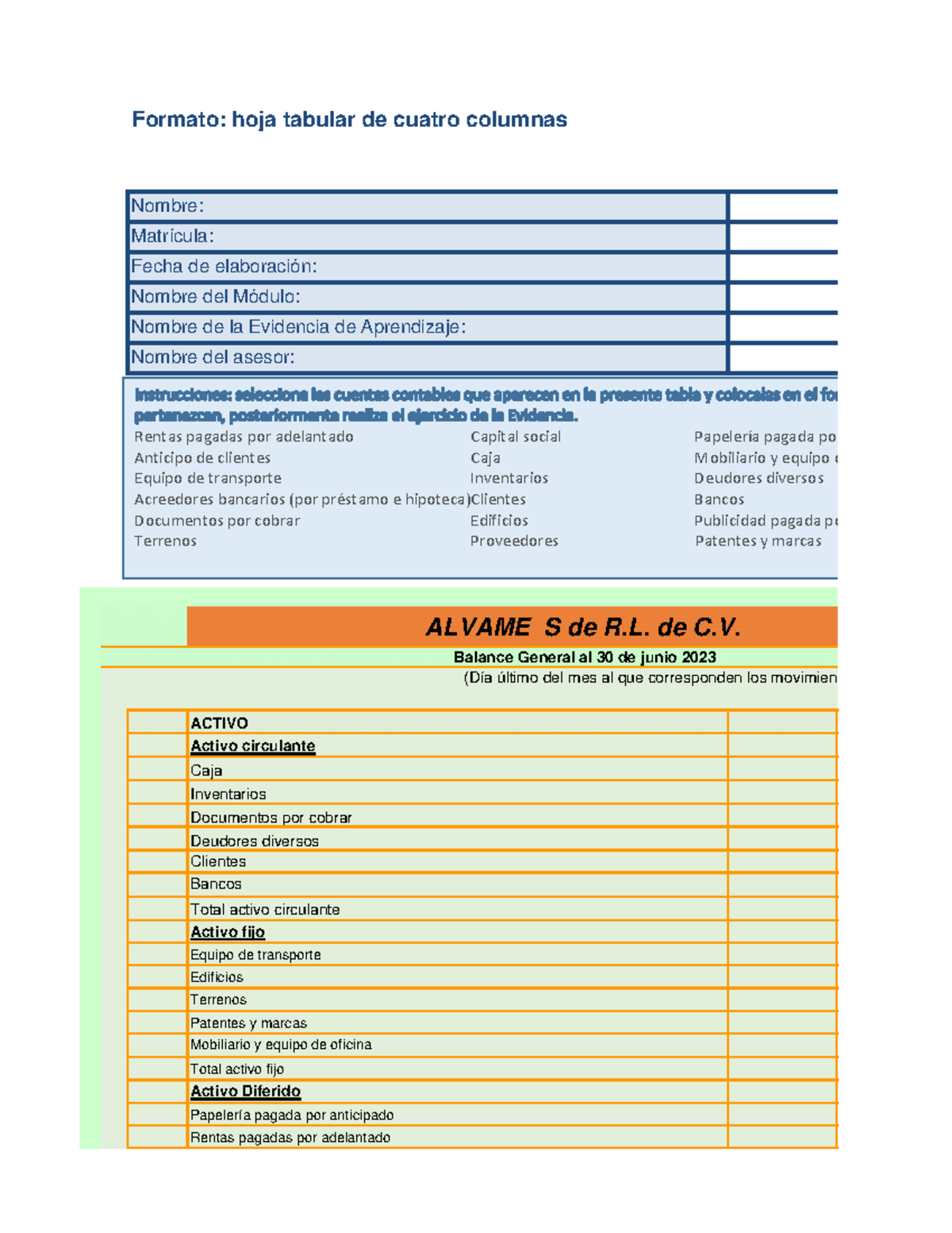 Balance - Formato: hoja tabular de cuatro columnas ACTIVO Activo ...