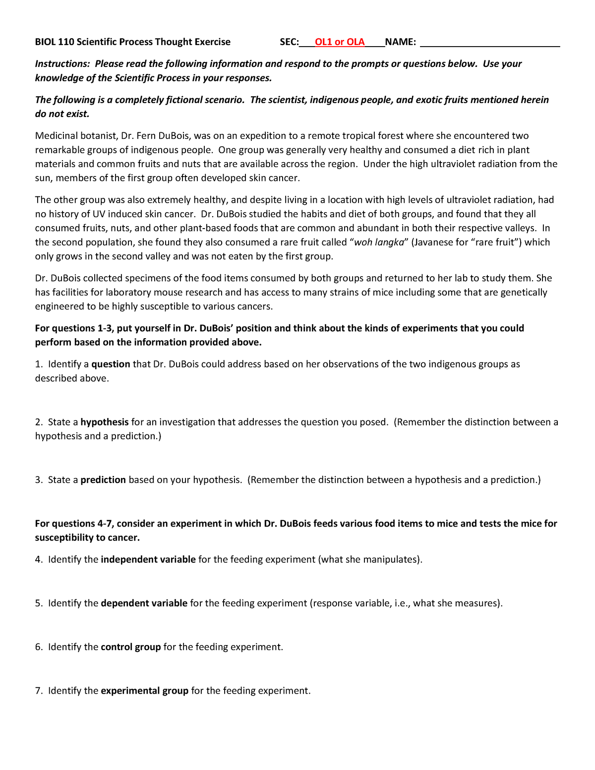 SCI PROC Exercise SP22 - Lab exam - BIOL 110 Scientific Process Thought ...