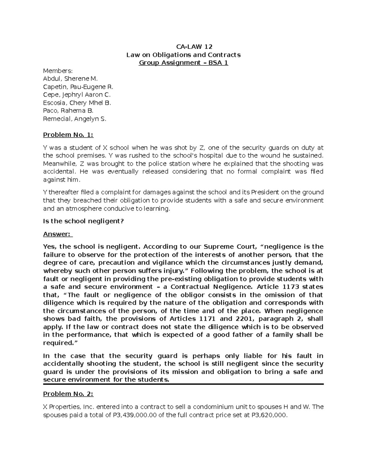 Group Assignment Oblicon BSA 1 - CA-LAW 12 Law on Obligations and ...