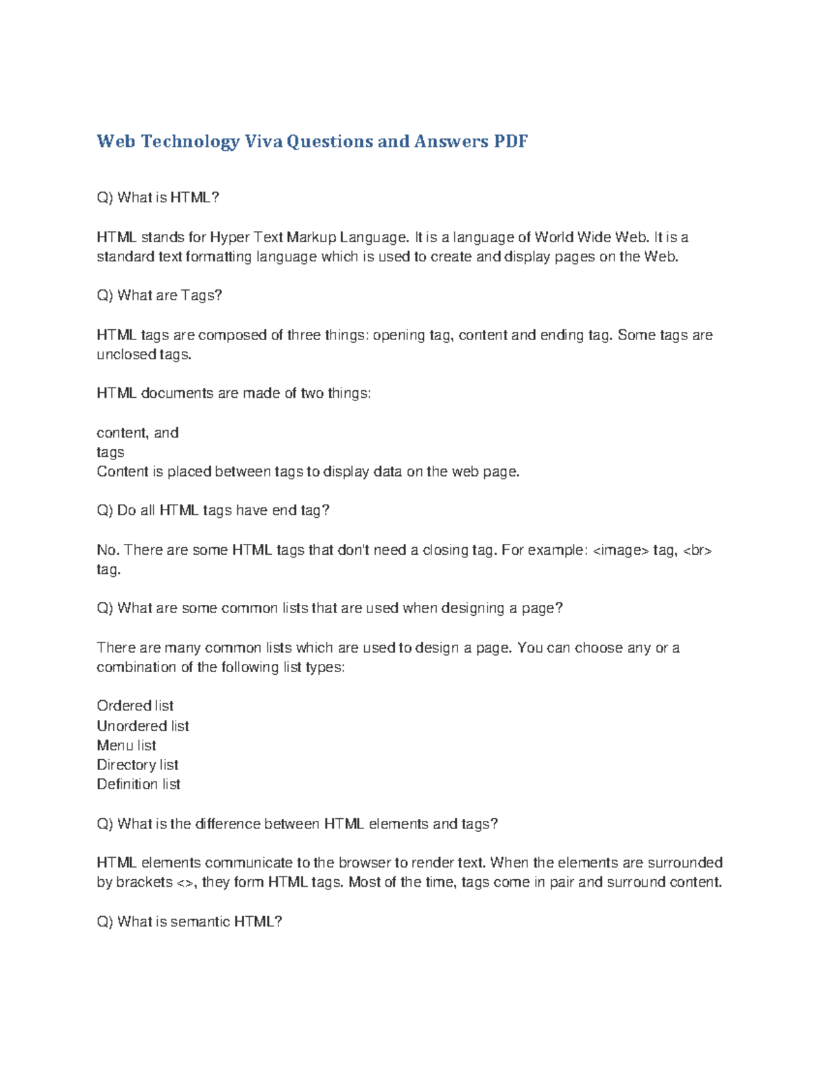 Web Technology Viva Questions and Answers PDF - It is a language of ...