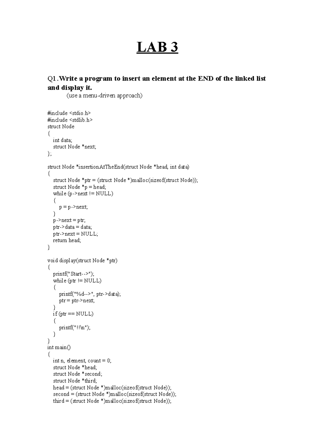 DS Pt LAB 3 - May Help - LAB 3 Q1. Write a program to insert an element ...