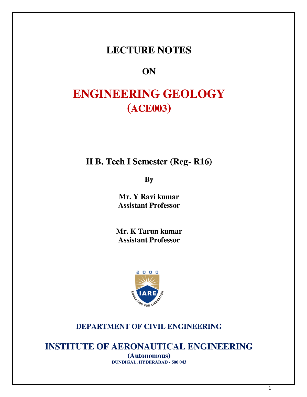 EG Lecture Notes - ... - LECTURE NOTES ON ENGINEERING GEOLOGY (ACE003 ...