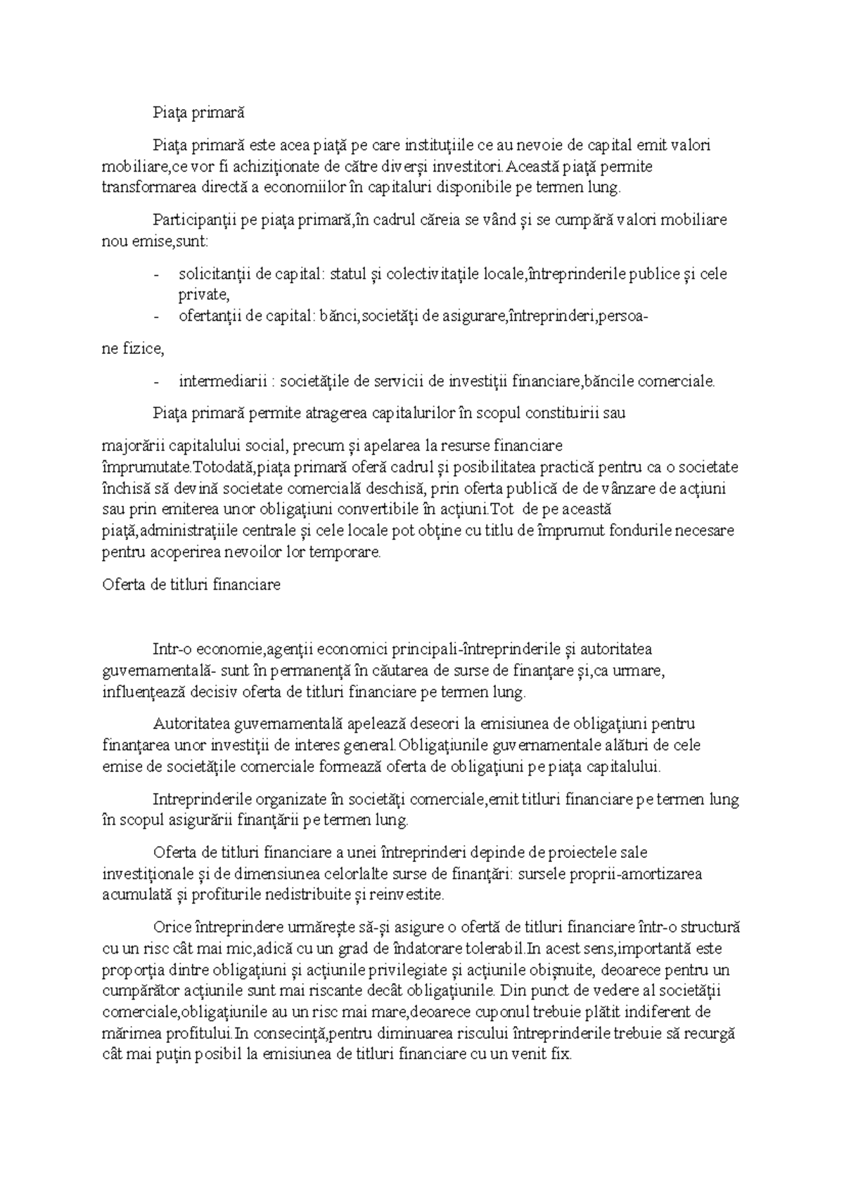 Oferta de titluri financiare si Piata primara Piața primară Piața