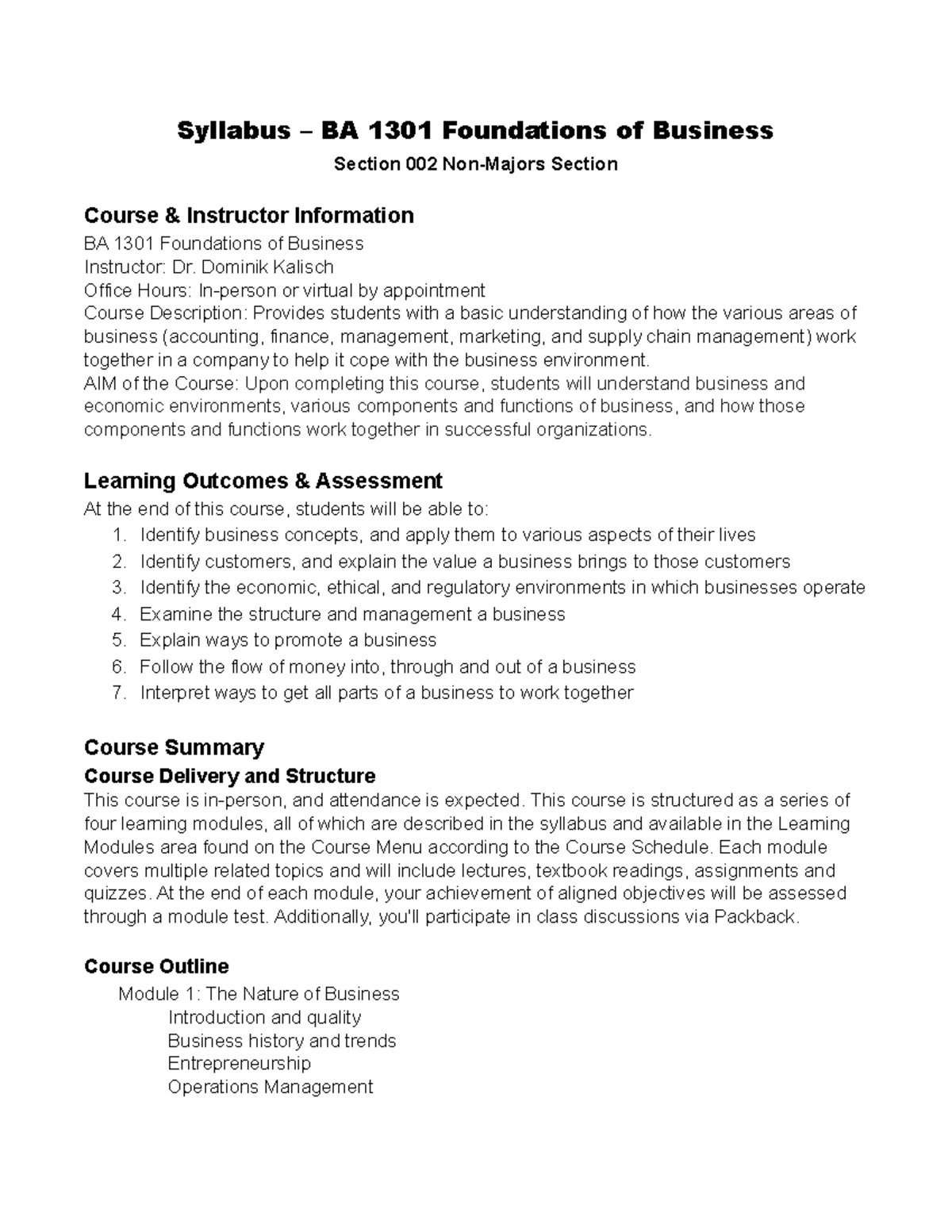 BA 1301 01 NonMajors Syllabus Syllabus BA 1301 Foundations of