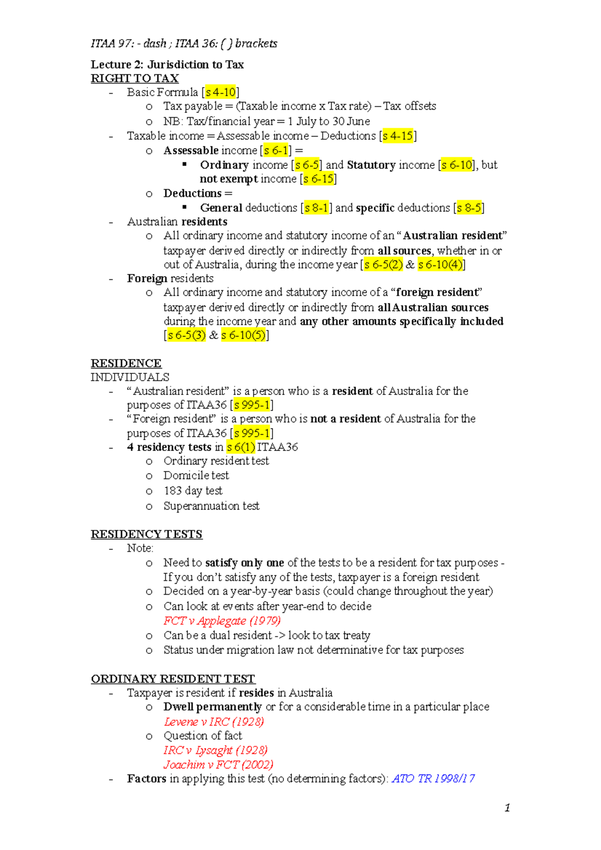 Taxation Law Lecture Summaries - Lecture 2: Jurisdiction to Tax RIGHT ...