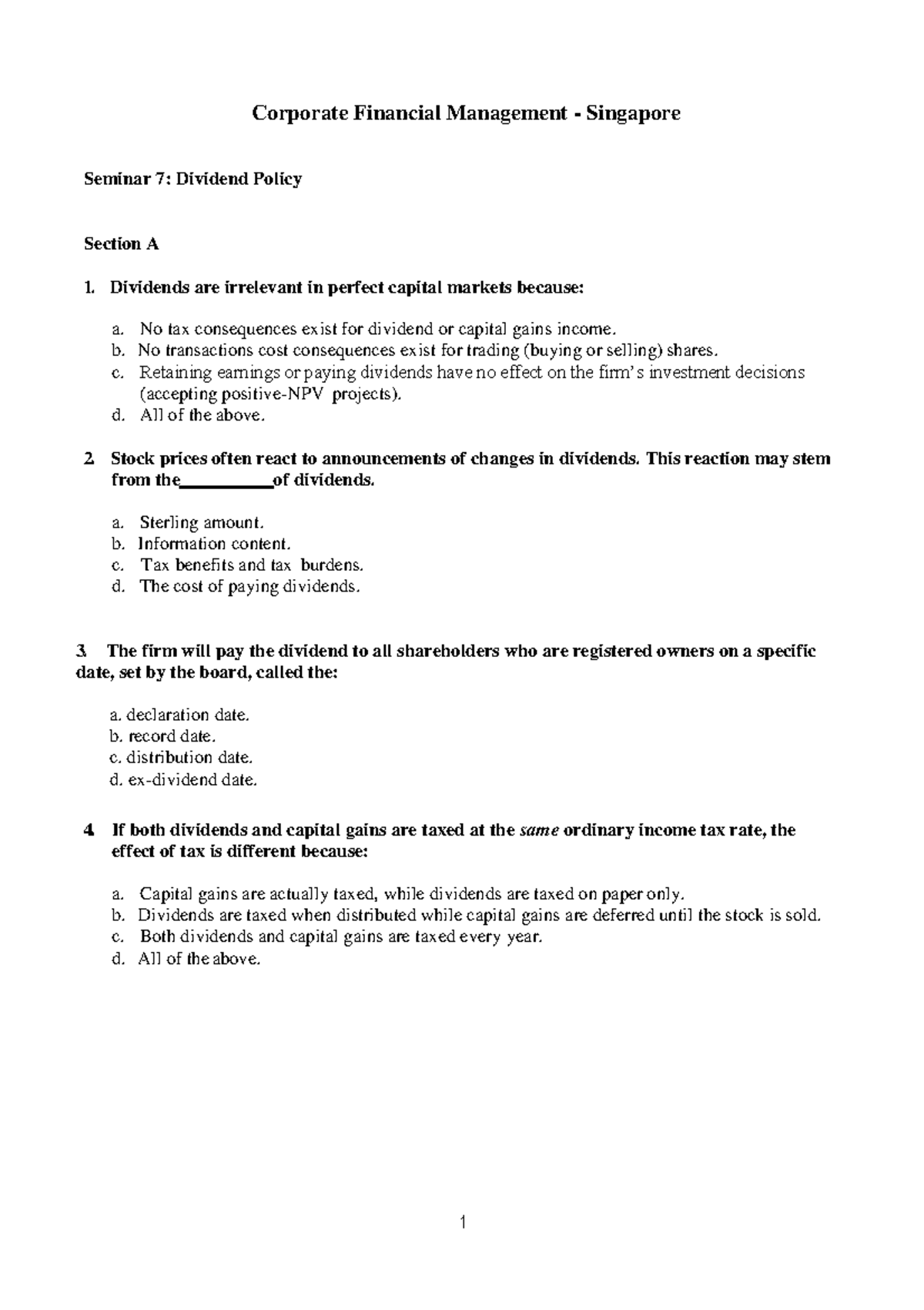CFM Seminar 7 19-20 - Practice - 1 Corporate Financial Management ...