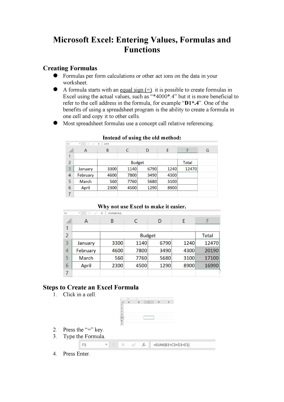 Microsoft Excel - Entering Values, Formulas and Functio - Microsoft ...