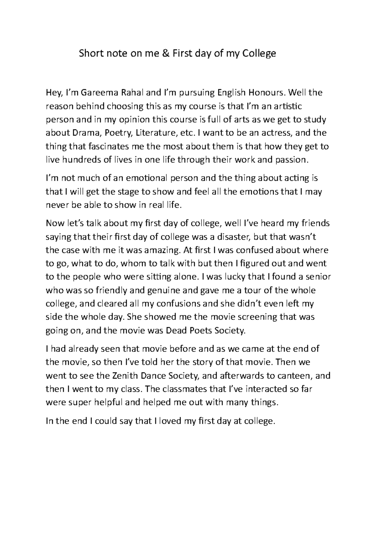 Gareema Rahal Assignment - Short note on me & First day of my College ...