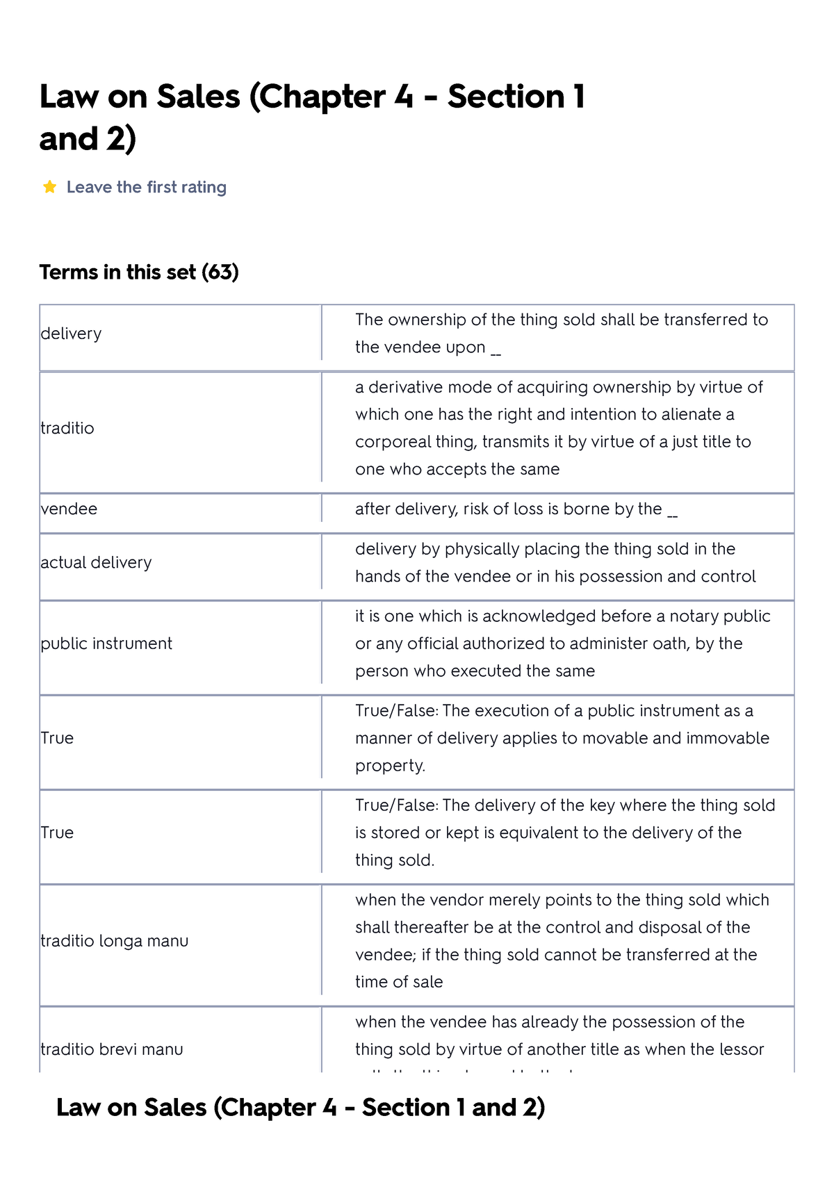 Law on Sales (Chapter 4 - Section 1 and 2) Flashcard - Law on Sales ...