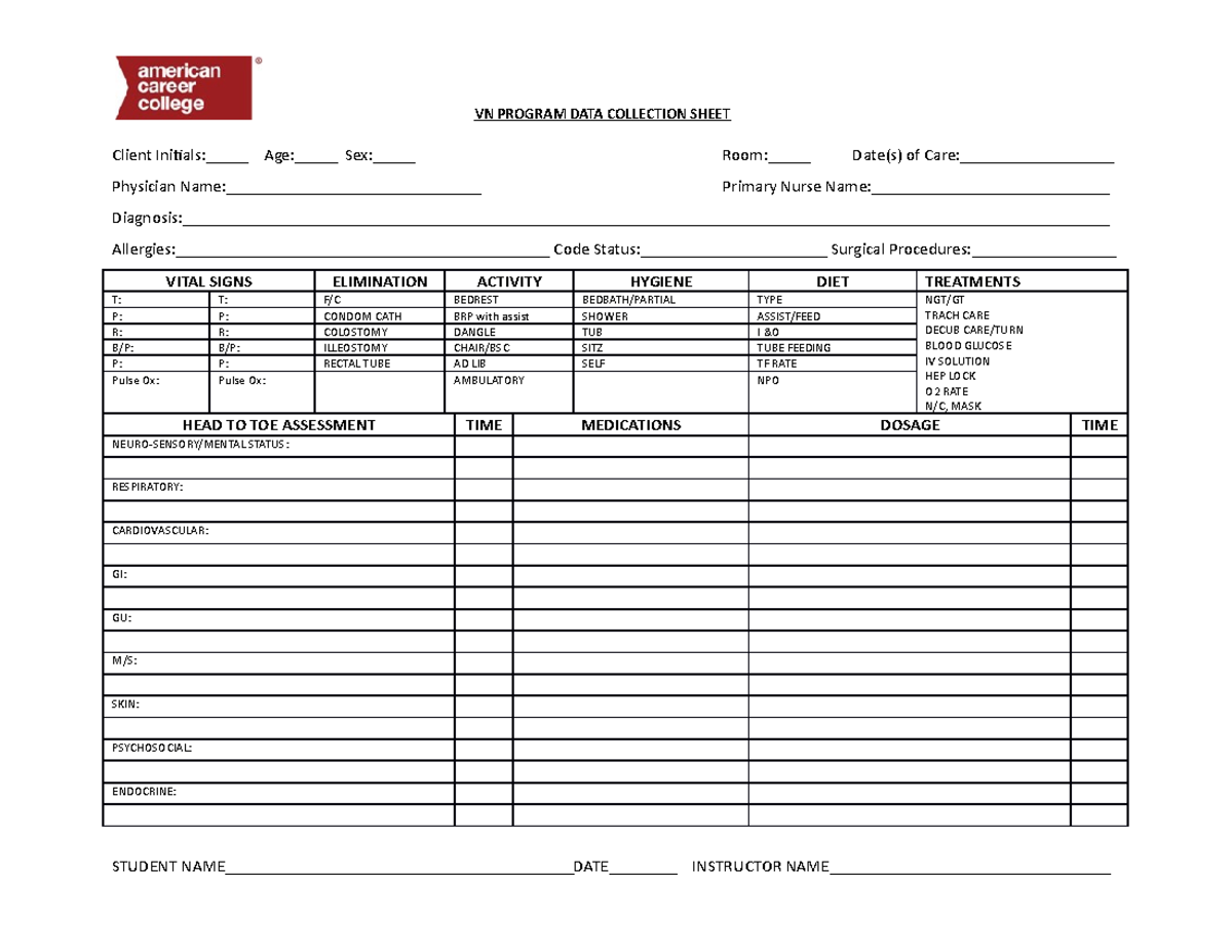 Nursing DATA Collection Sheet for clinicals - VN PROGRAM DATA ...