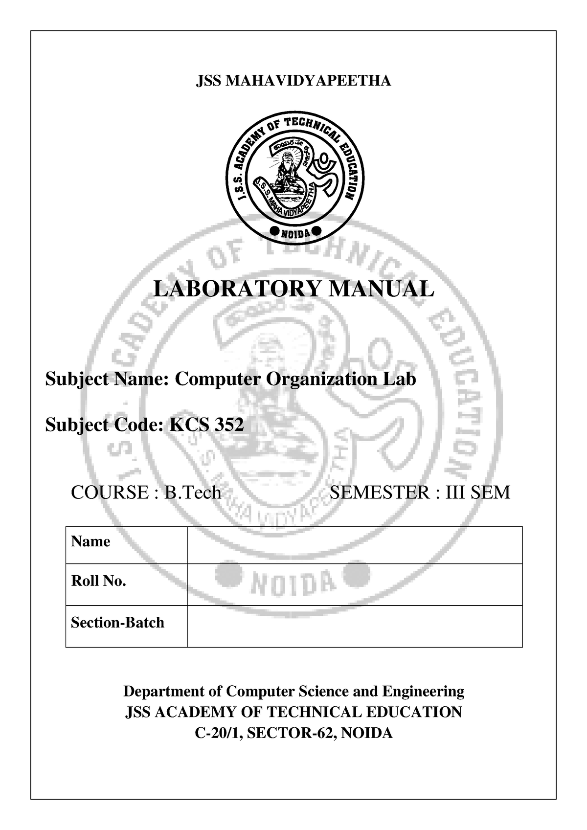 Final- KCS-352 - Syllabus For Coa Lab - JSS MAHAVIDYAPEETHA LABORATORY ...