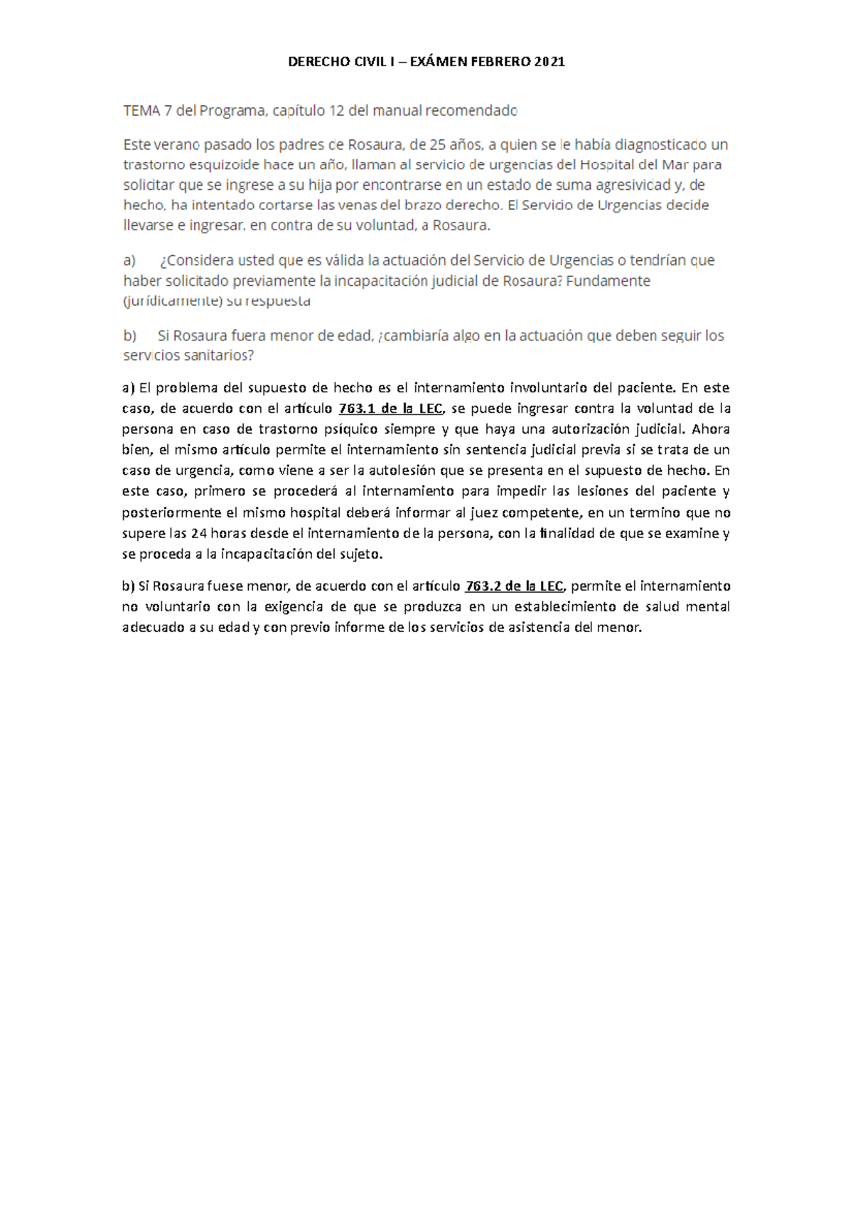 Derecho Civil I – EXÁMEN Febrero 2021 - DERECHO CIVIL I – EXÁMEN ...