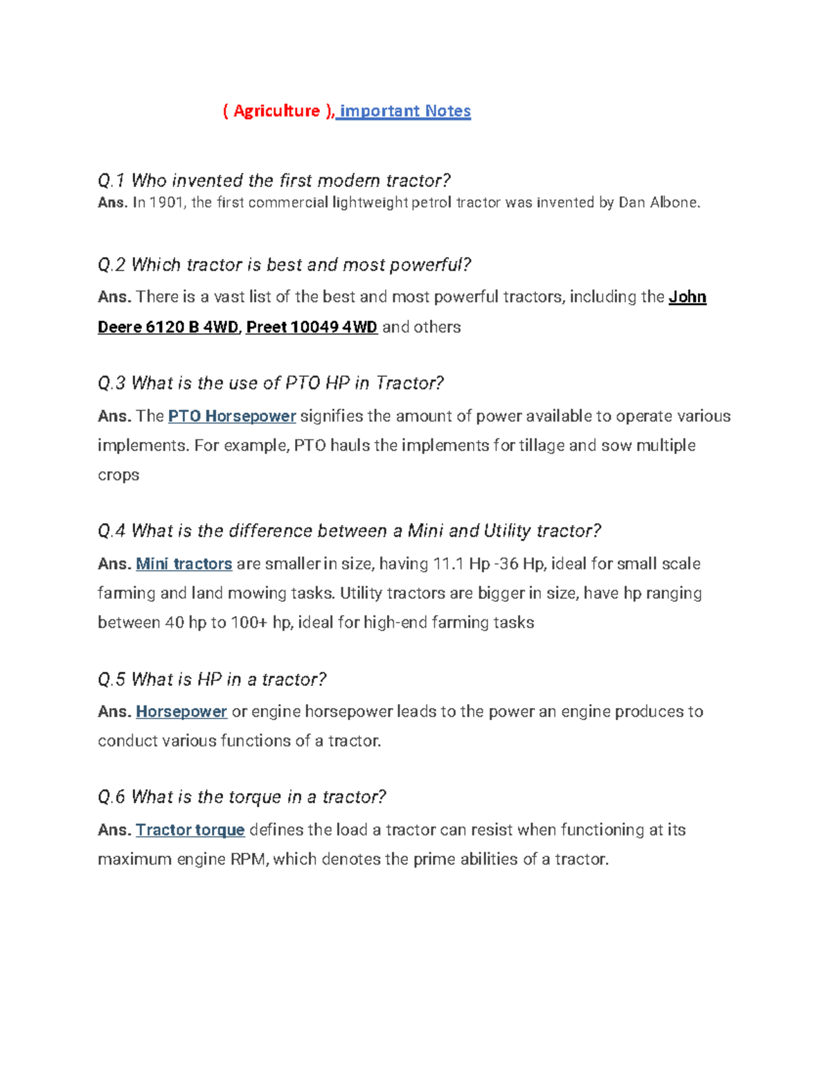 Agriculture notes 1 - ( Agriculture ), important Notes Q Who invented ...