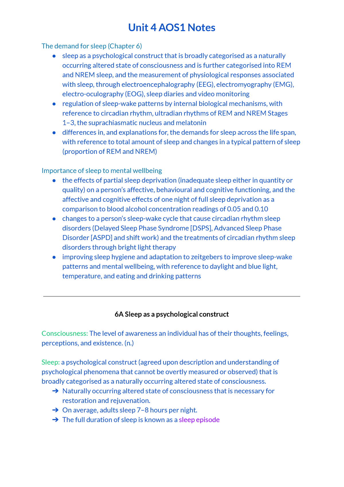 Unit 4 AOS1 Notes - Psychology - Unit 4 AOS1 Notes The demand for sleep ...