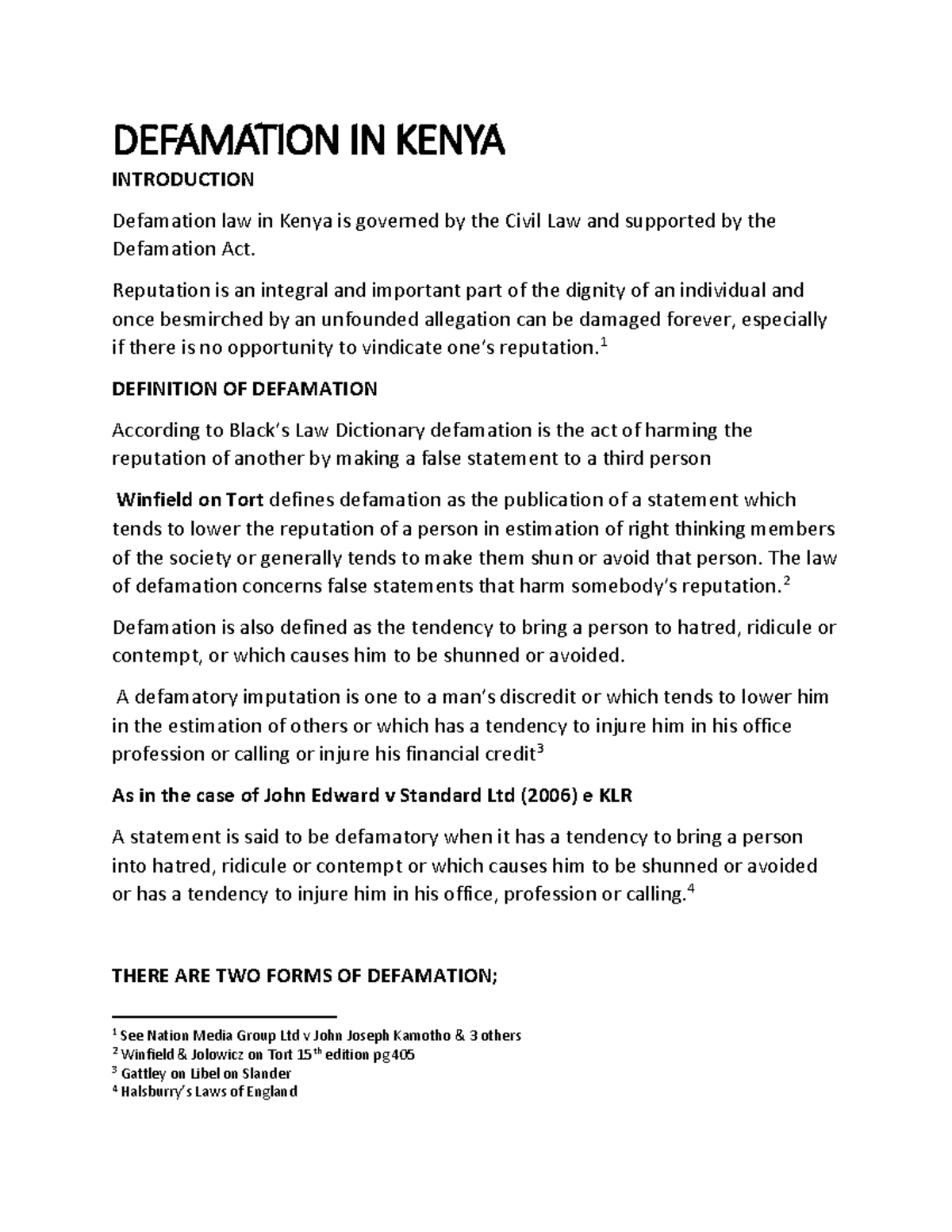 Defamation In Kenya - DEFAMATION IN KENYA INTRODUCTION Defamation law ...