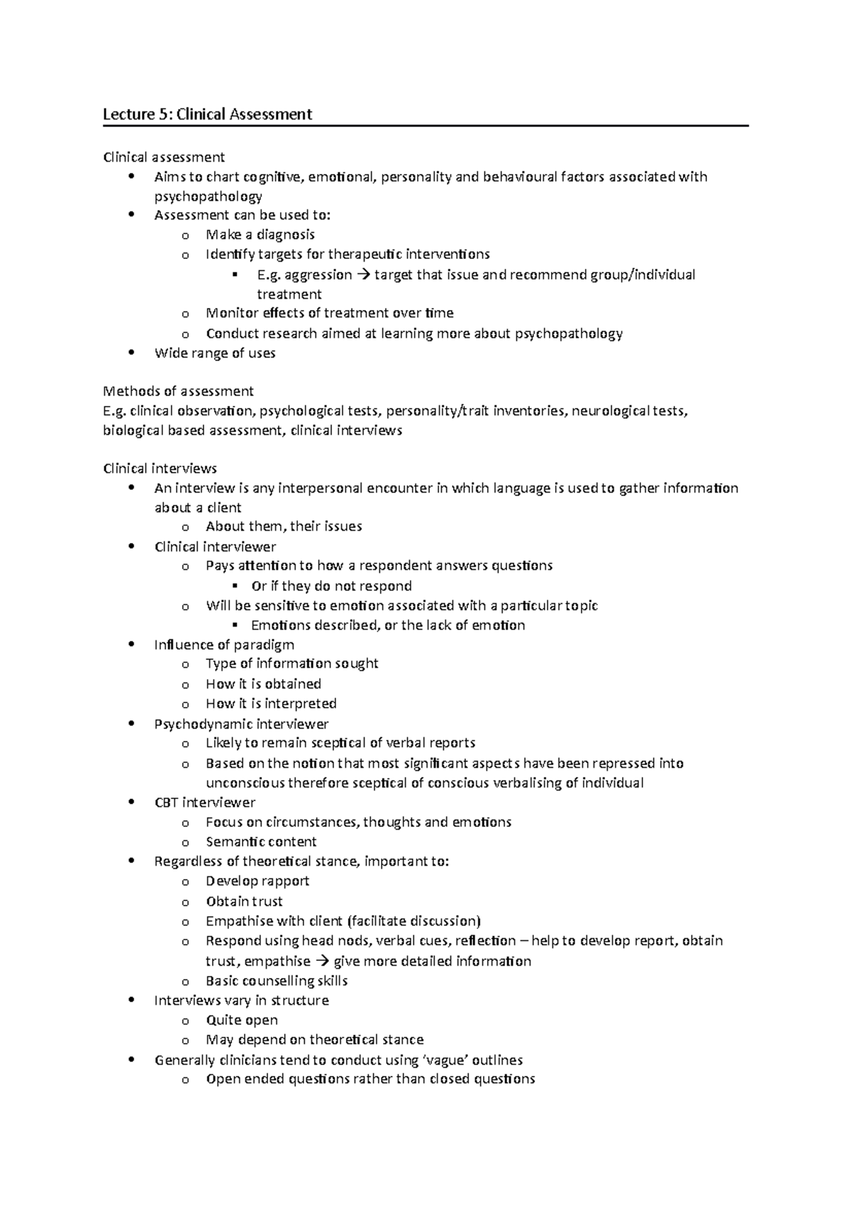 Lecture 5 - Abnormal Psychology - Lecture 5: Clinical Assessment ...