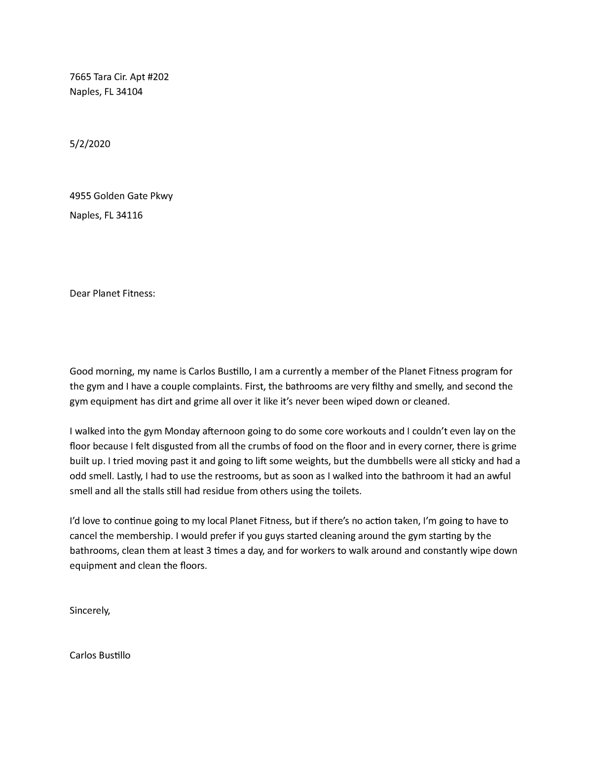 letter for reading - 7665 Tara Cir. Apt # Naples, FL 34104 5/2/ 4955 ...