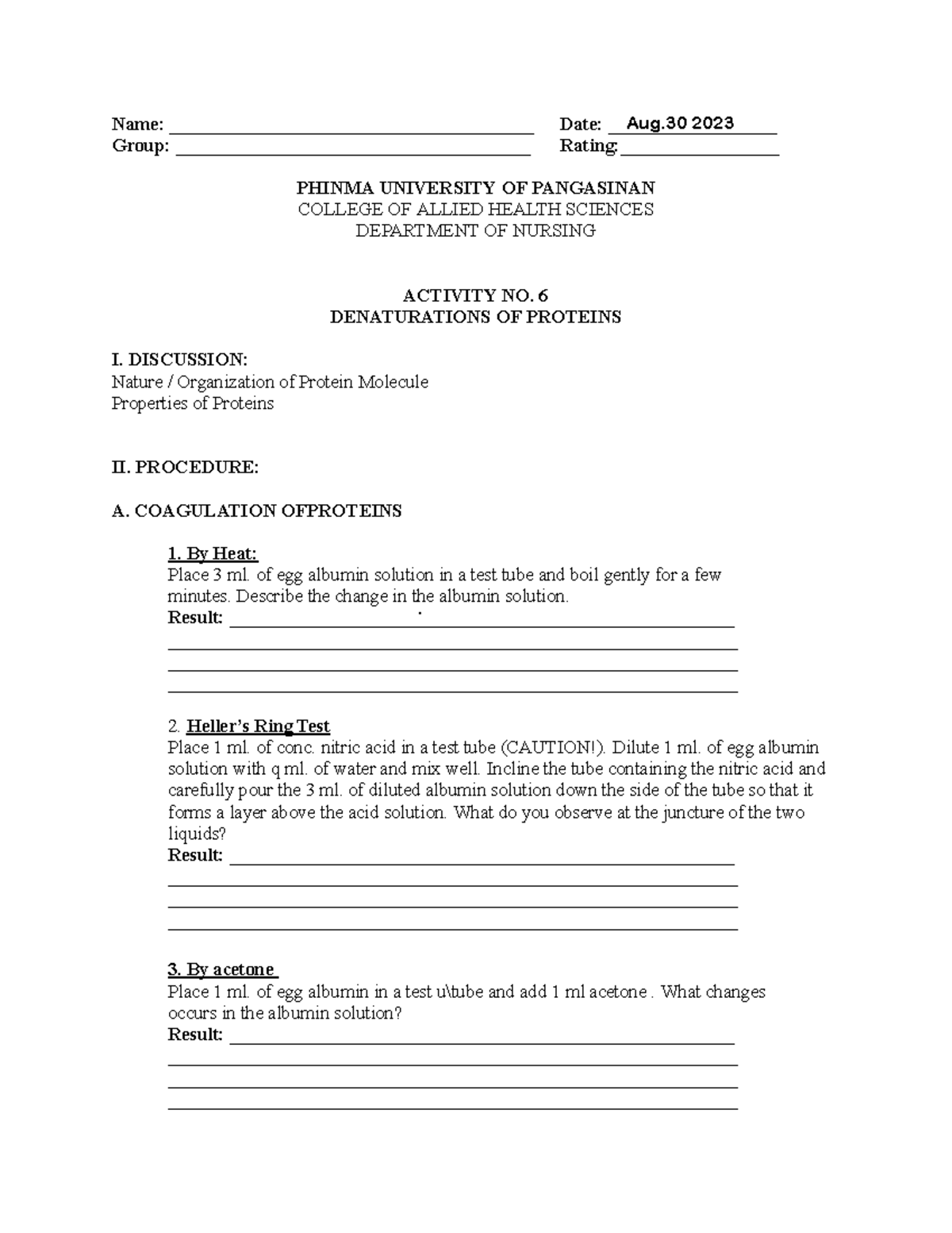 BIO 024 LAB Activity 6 Denaturation OF Proteins - Name