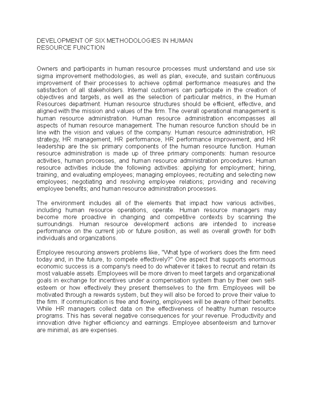 Development OF SIX Methodologies IN HR Function - DEVELOPMENT OF SIX ...