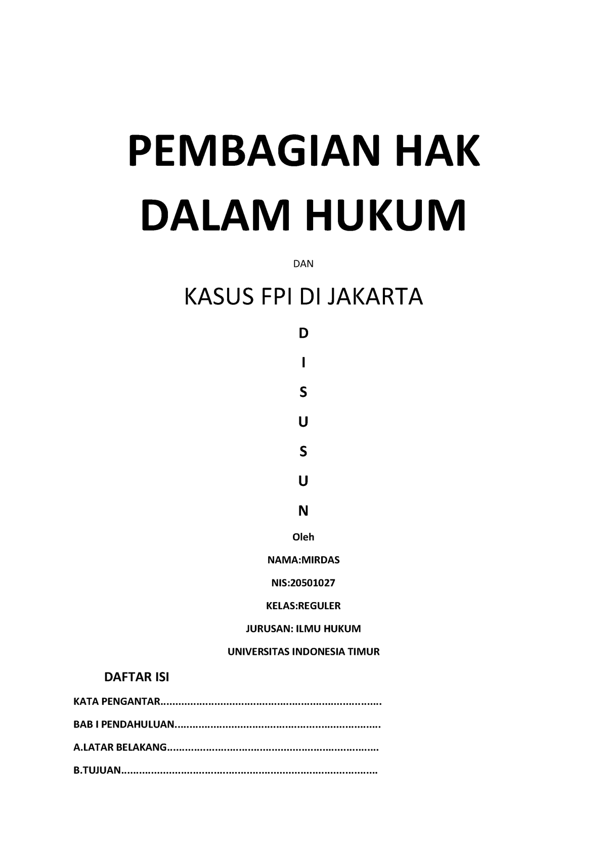 Tugas PIH Mirdas(20501027) - PEMBAGIAN HAK DALAM HUKUM DAN KASUS FPI DI ...