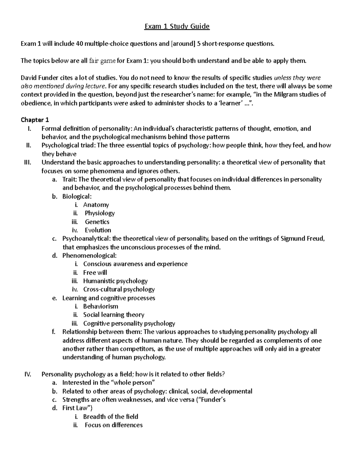 Detailed Personality Study Guide - Exam 1 Study Guide Exam 1 Will ...