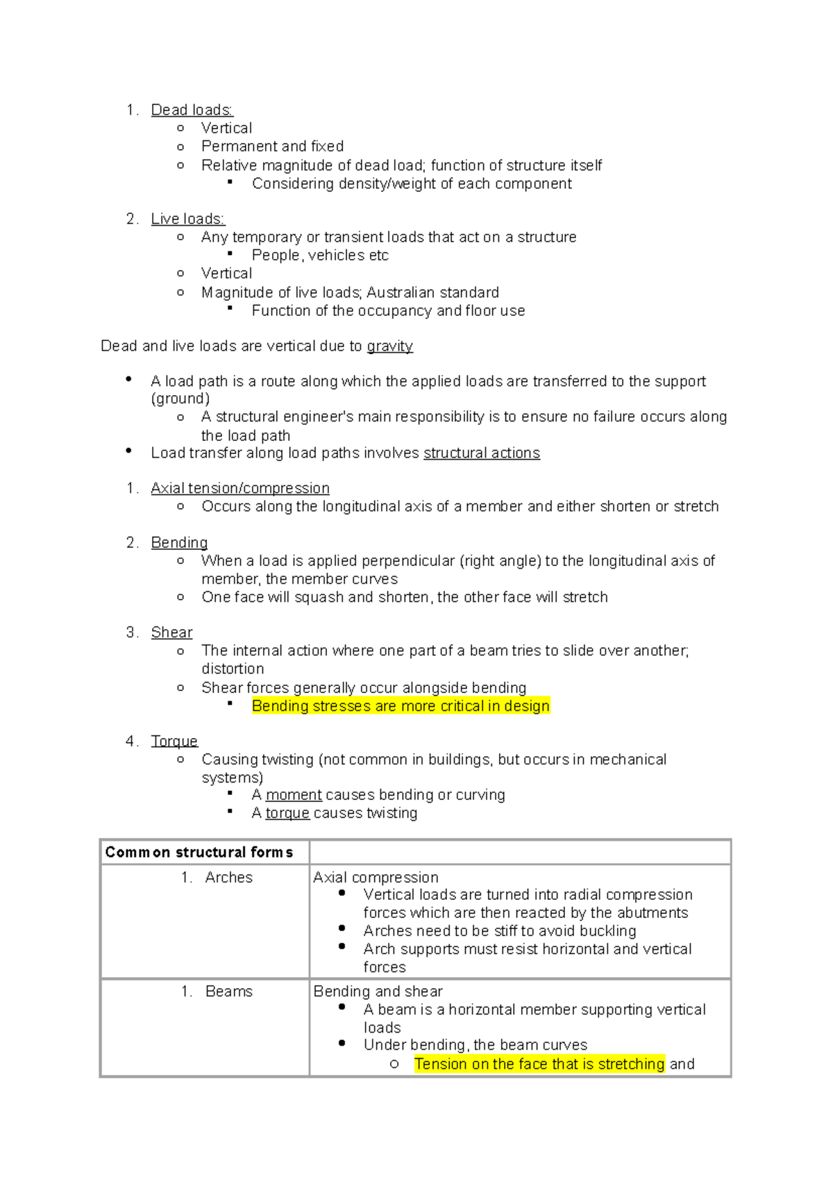 ENG1001 W1 - Notes - Dead loads: o Vertical o Permanent and fixed o ...