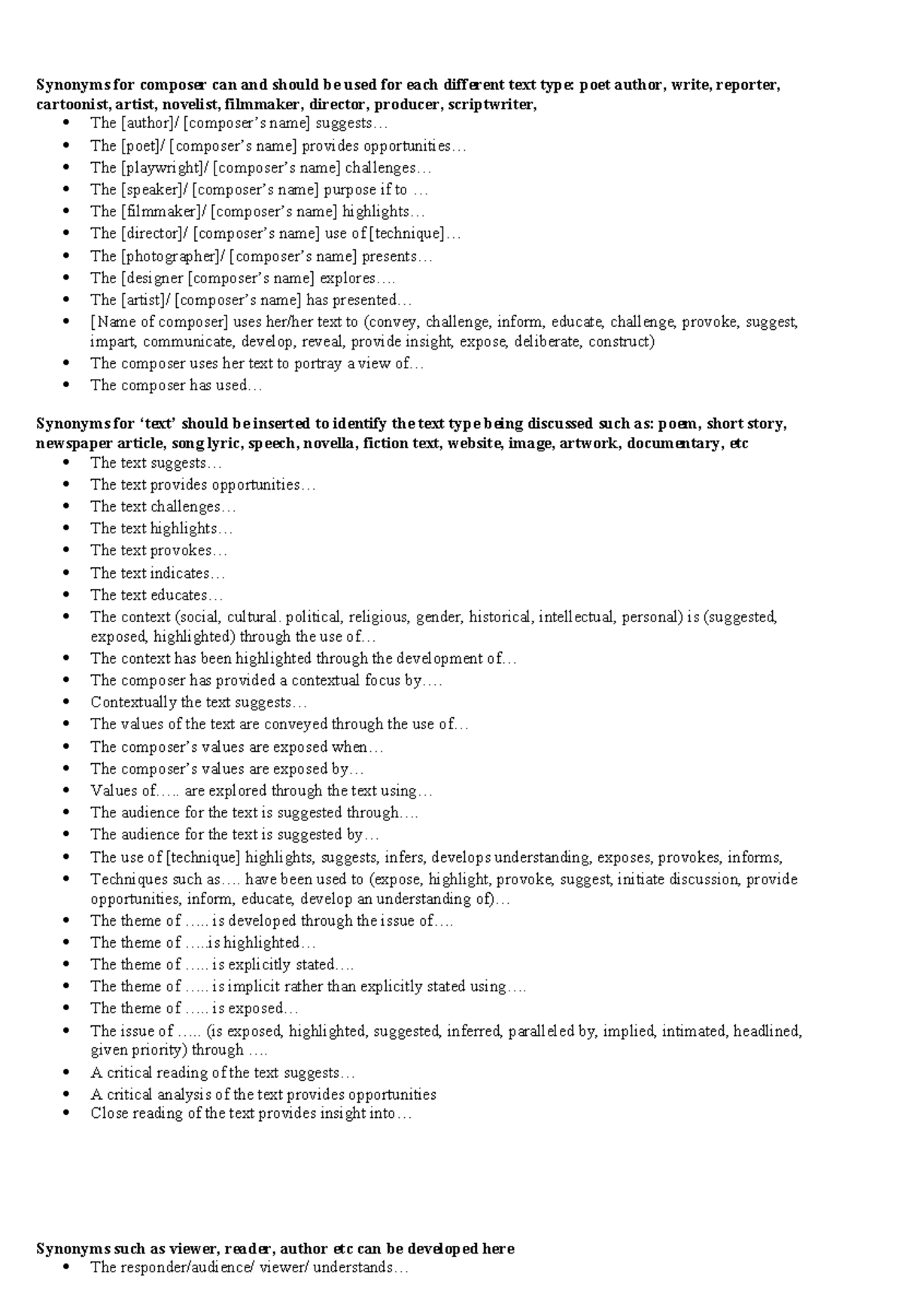 Useful Sentence Starters Synonyms for composer can and should be used for each different text