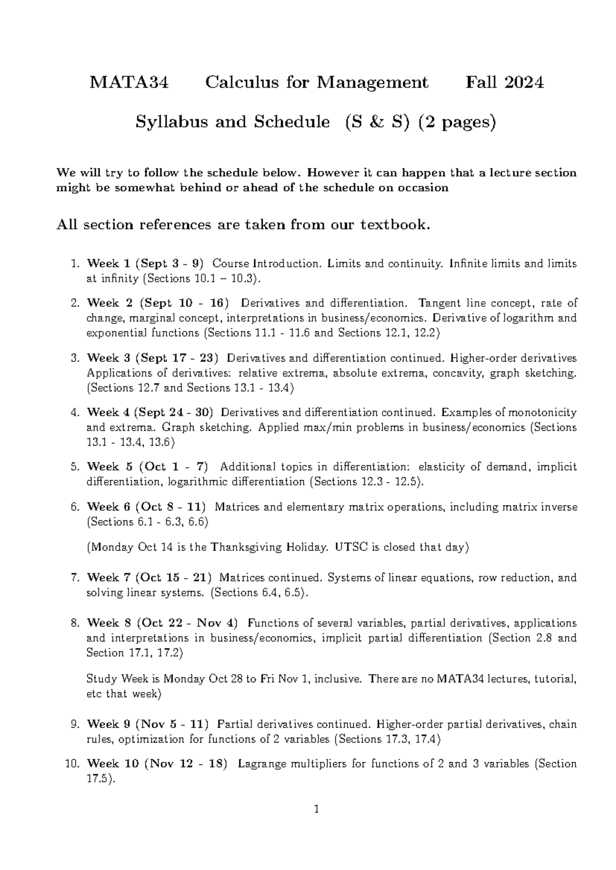 A34 Fall 2024 SS - Syllabus - MATA34 Calculus for Management Fall 2024 ...
