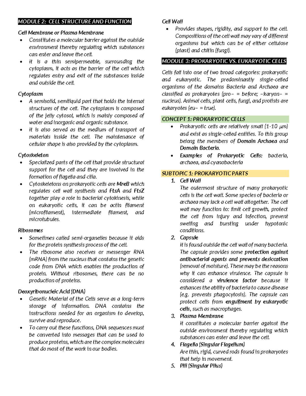 Parts of Eukaryotic and Prokarotic Cells - MODULE 2: CELL STRUCTURE AND ...