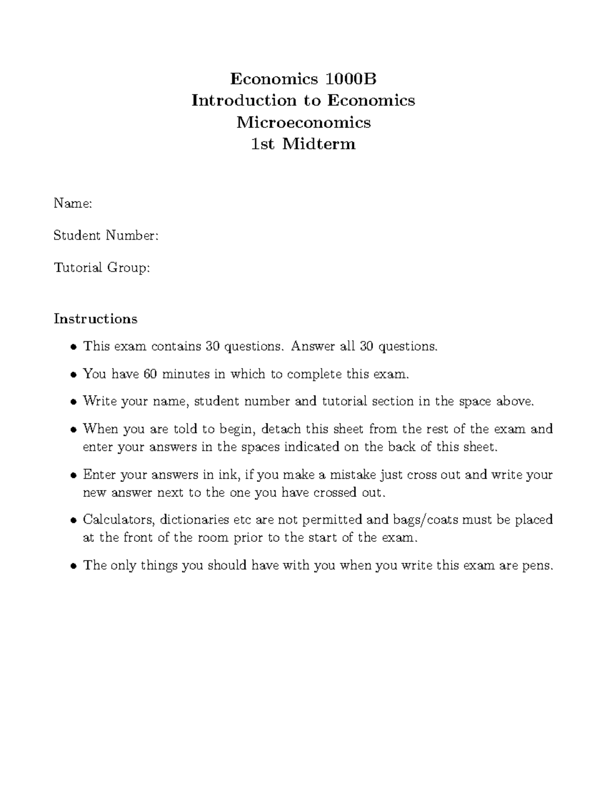 Midterm 3 May 2016, answers - Economics 1000B Introduction to Economics ...