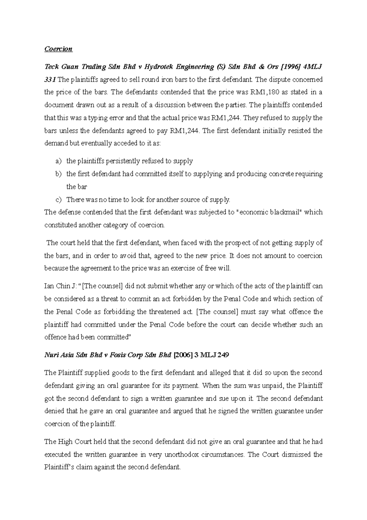 Contract law cases Coercion Teck Guan Trading Sdn Bhd v Hydrotek