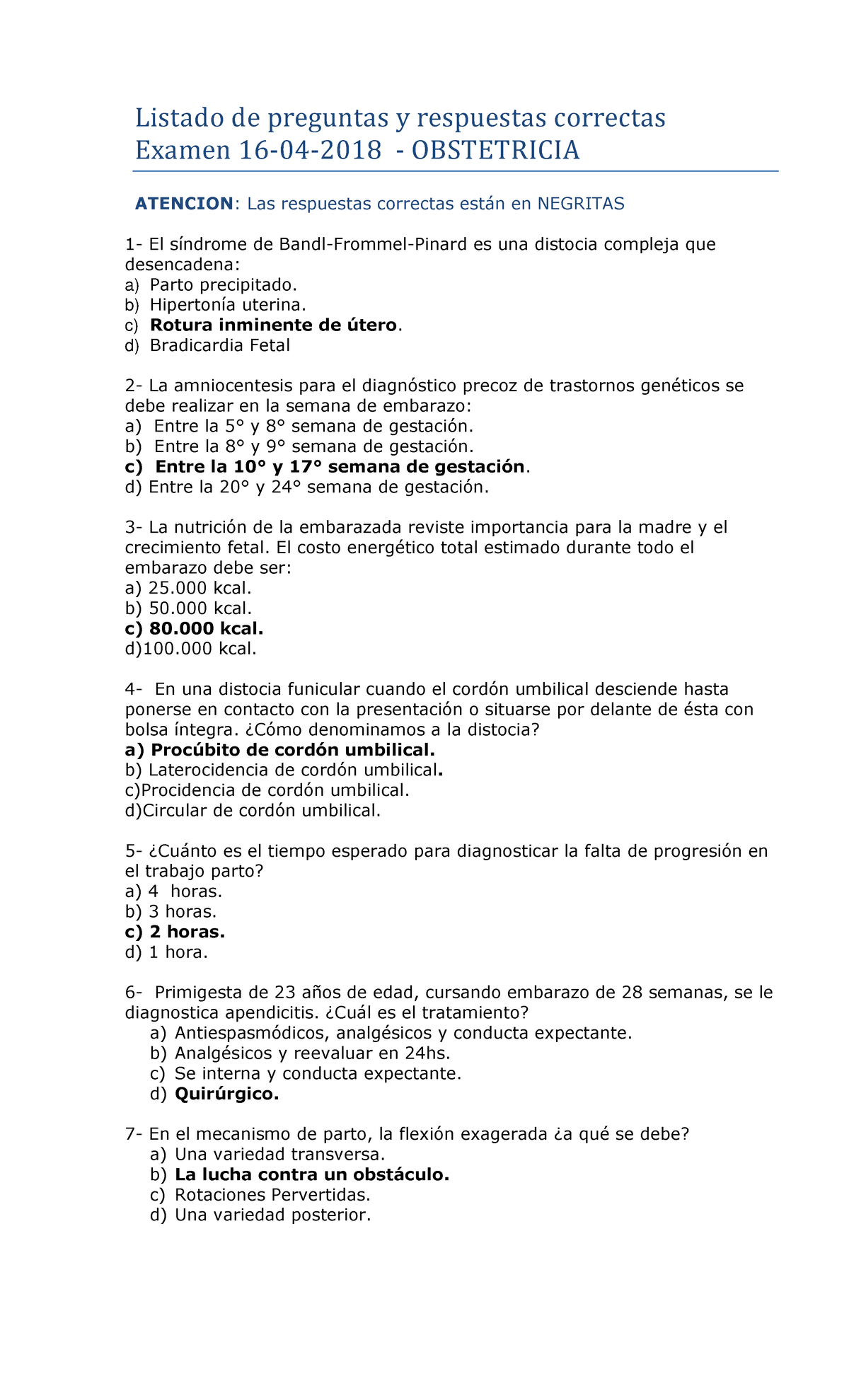 Obstetricia Listado De Preguntas Y Respuestas Correctas Examen Hot