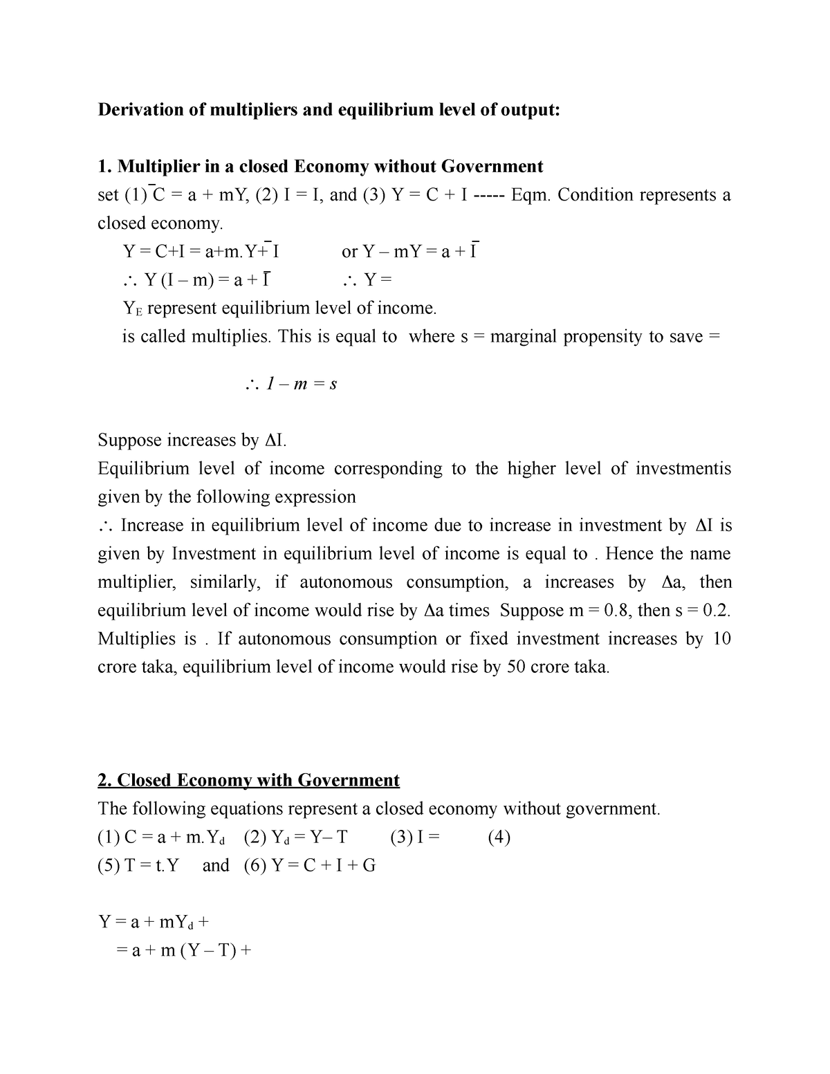 Multiplier economics Derivation of multipliers and equilibrium