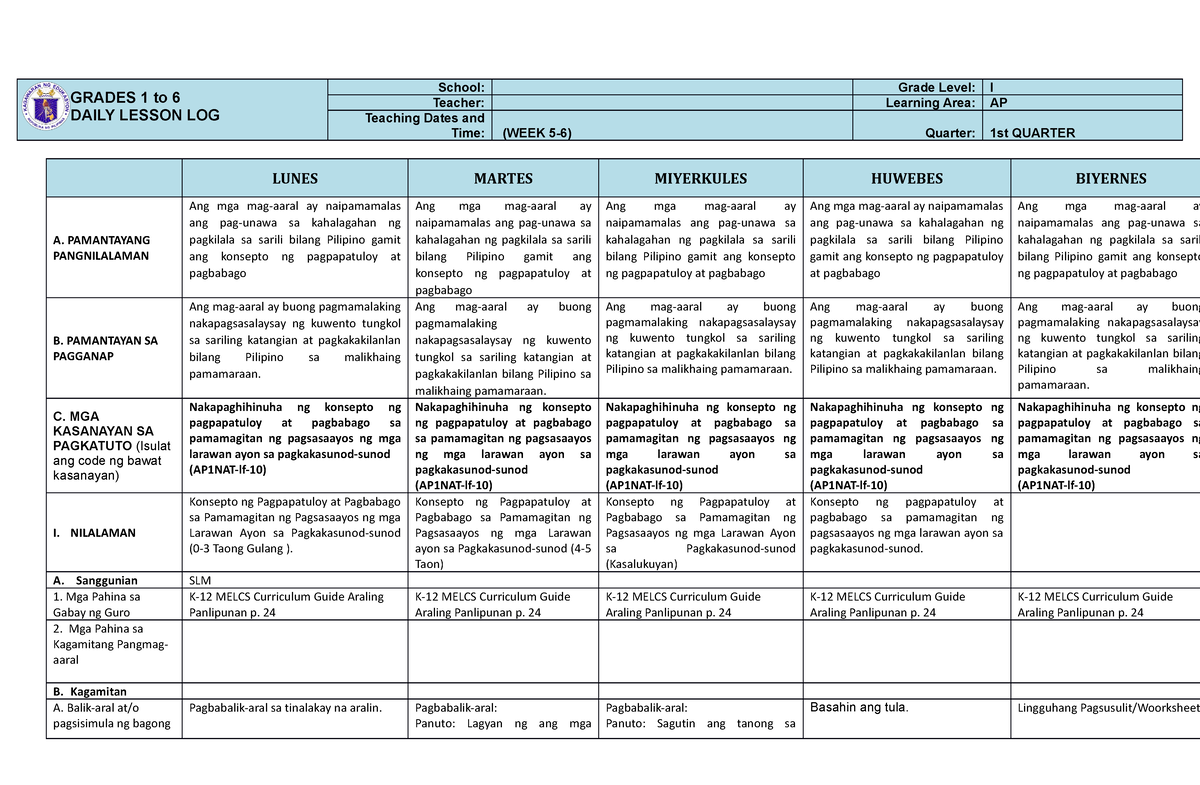 Dll-w5 - Grade 1 DLL Week 5 - GRADES 1 To 6 DAILY LESSON LOG School ...