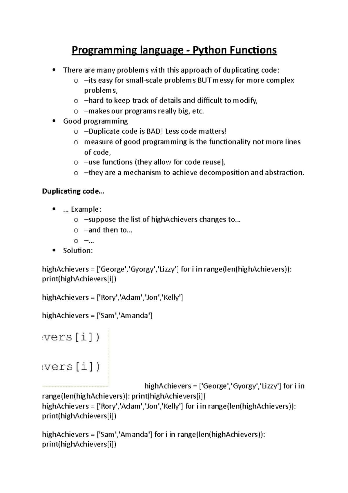 Programming language - Python Functions - Good programming o –Duplicate ...