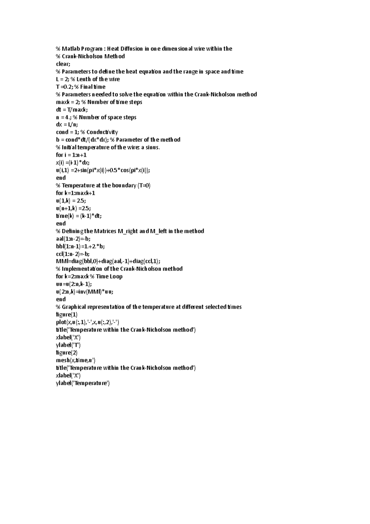 Matlab Program - Lecture notes 1-07 - % Matlab Program : Heat Diffusion ...