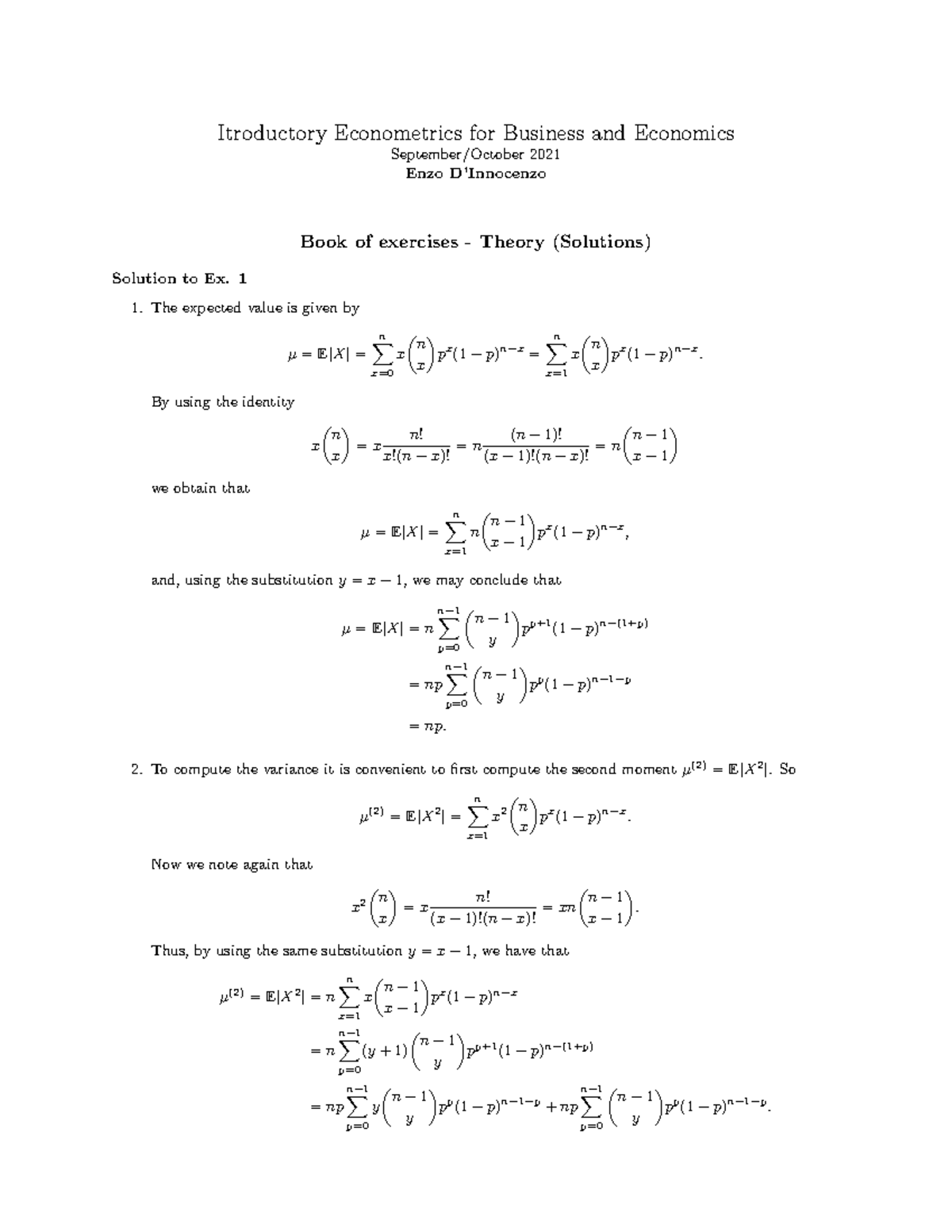 Book Of Excercises Iebe Solutions Itroductory Econometrics For