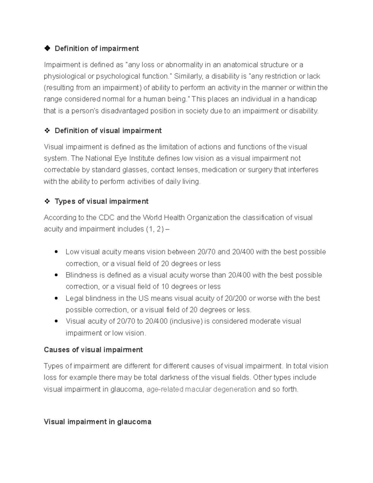 Visual Impairment - Definition Of Impairment Impairment Is Defined As 