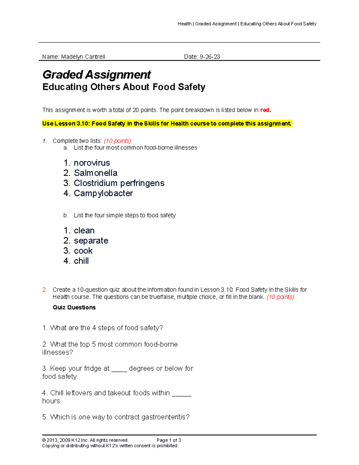 graded assignment educating others about food safety