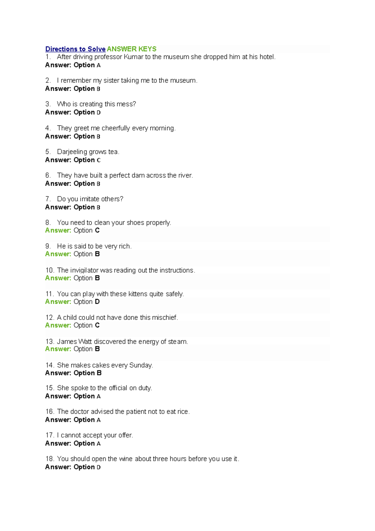 Directions to Solve Answer KEYS Directions to Solve ANSWER KEYS After