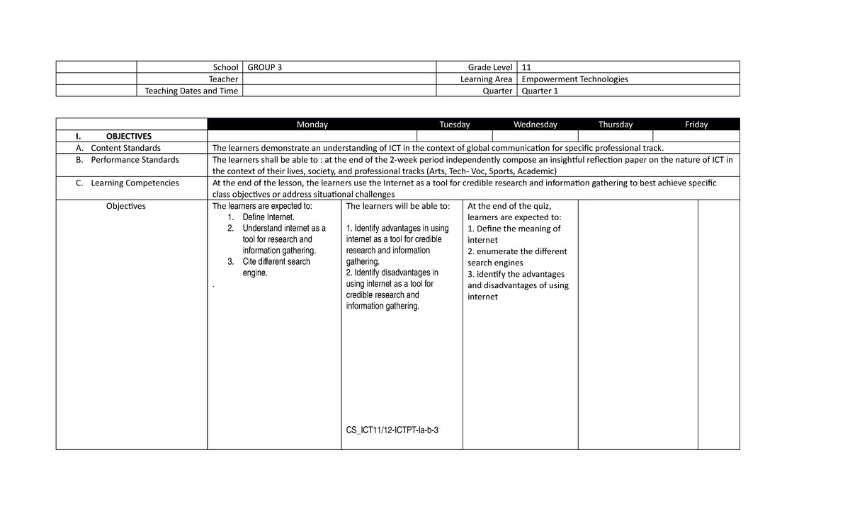 Empowerment Technology Learning Plan 1st Q Week2 - School GROUP 3 Grade ...