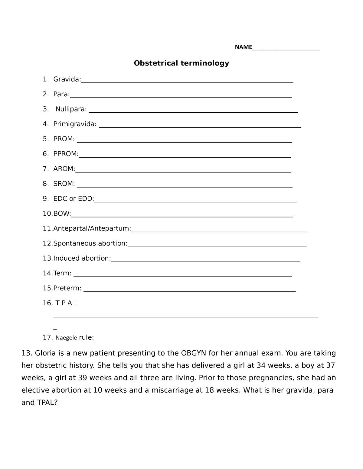 Obstetrical Terminology Worksheet - NAME ...