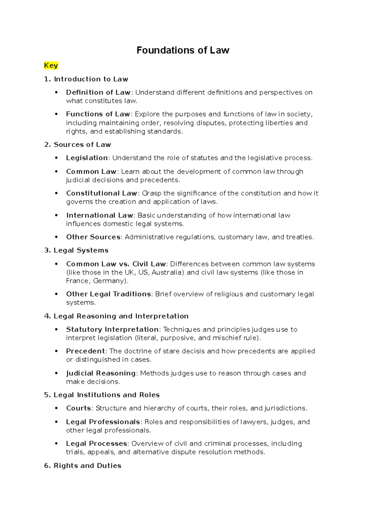 Print it out - exam notes - Foundations of Law Key 1. Introduction to ...