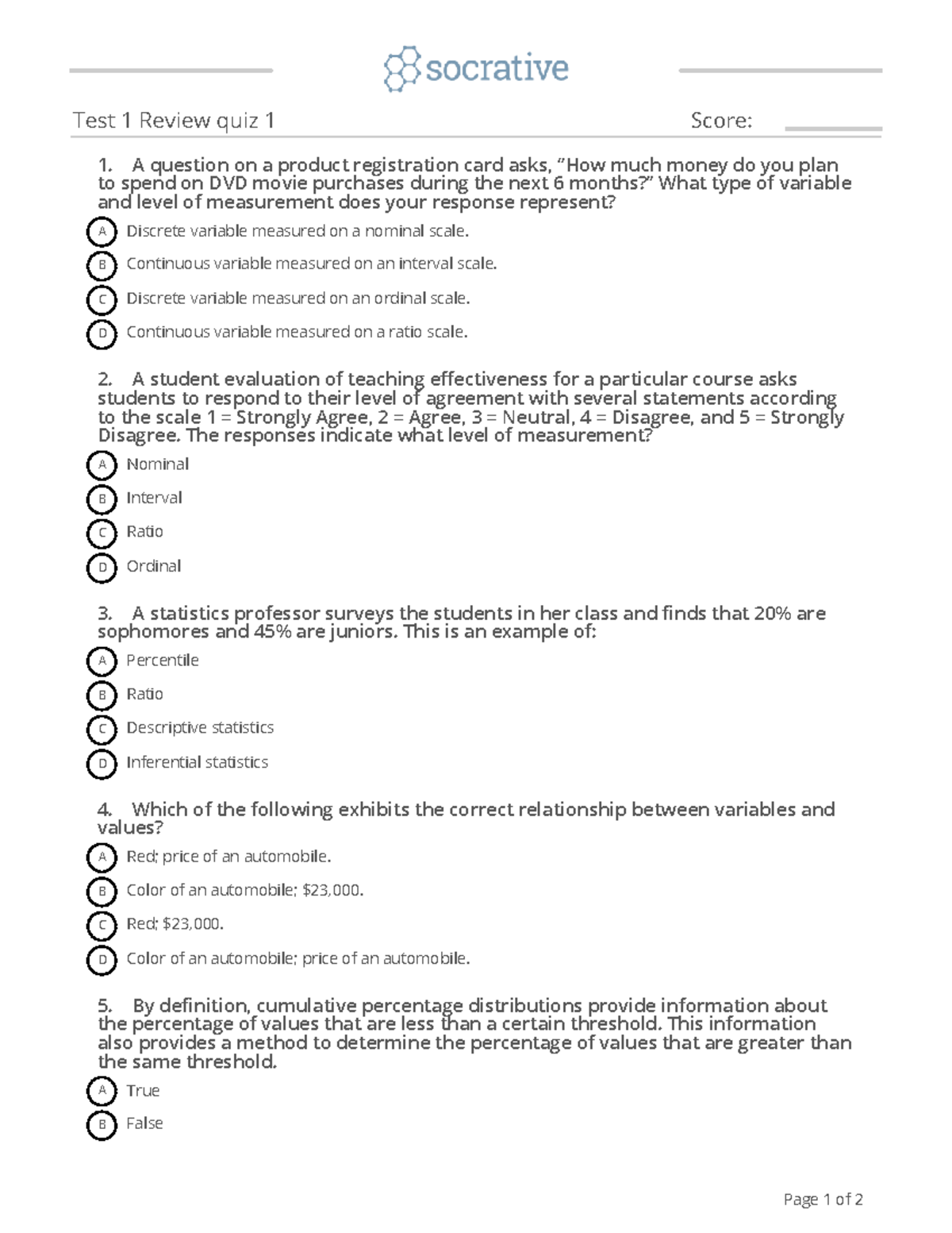 Quiz Test1reviewquiz 1 - Test 1 Review Quiz 1 Score: 1.ÄÄÄÄA Question ...