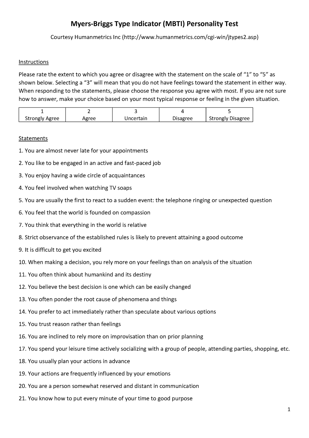 MBTI Personality Test - Mock MCQs for practice Mock MCQs for practice ...