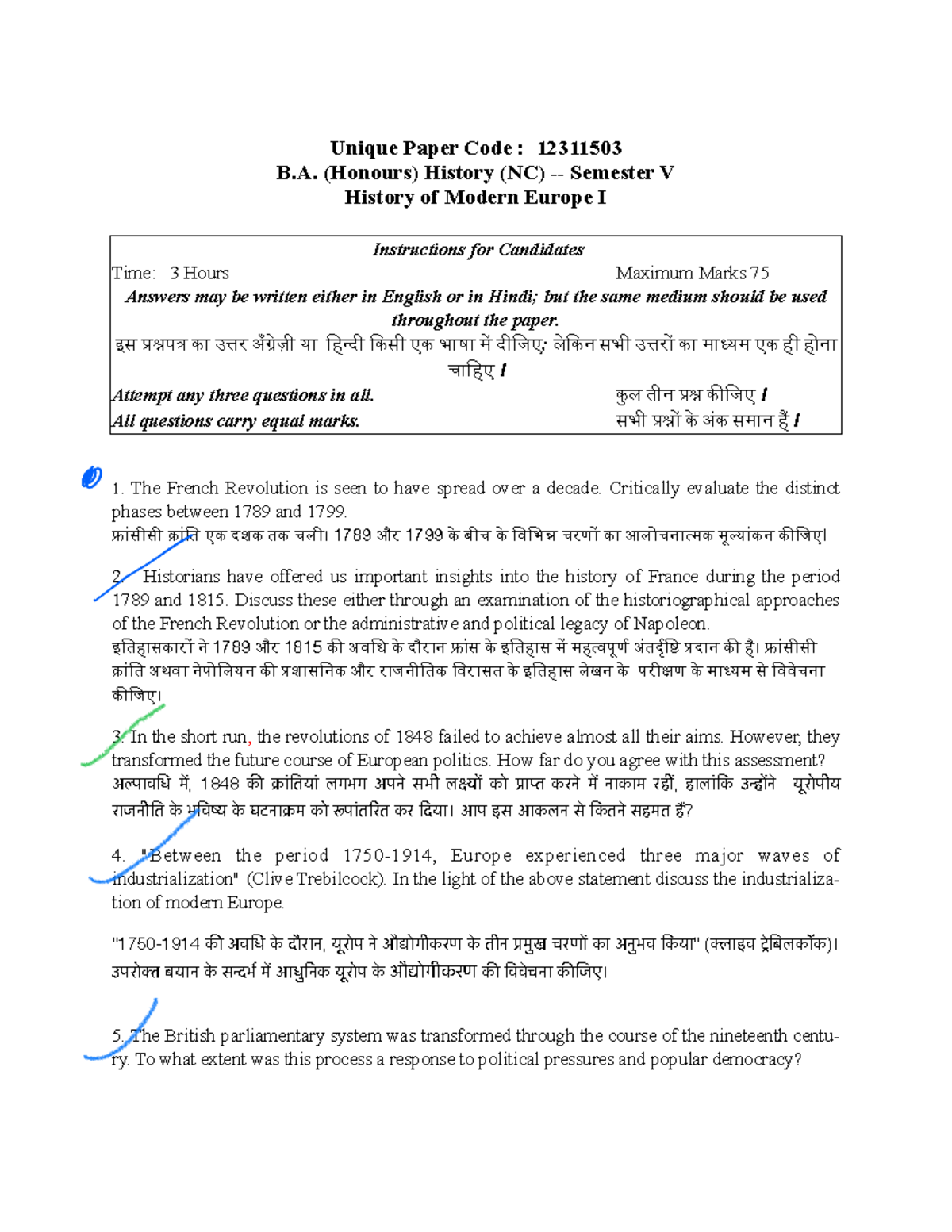 History Of Modern Europe Unique Paper Code 12311503 B. (Honours