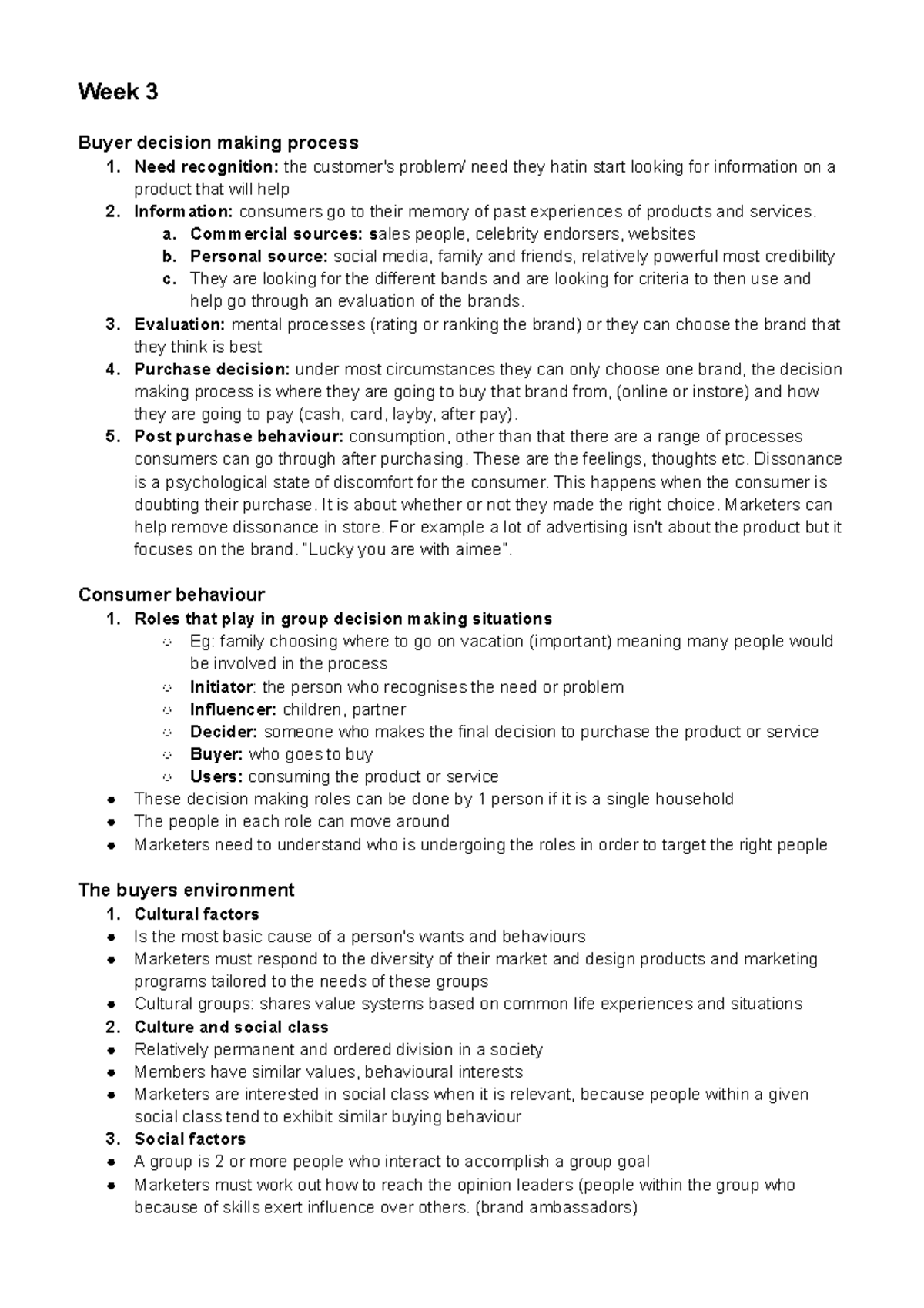 Week 3 - Marketing principles notes from weekly modules - Week 3 Buyer ...