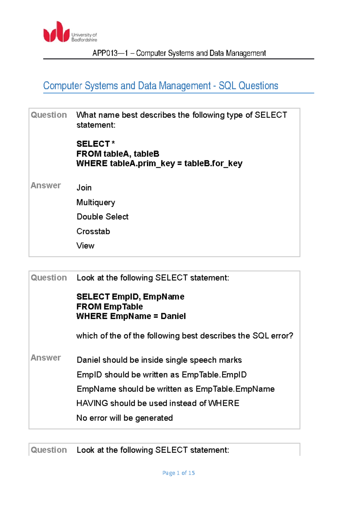 APP013-1 - SQL Multiple Choice Questions(1) - Computer Systems And Data ...