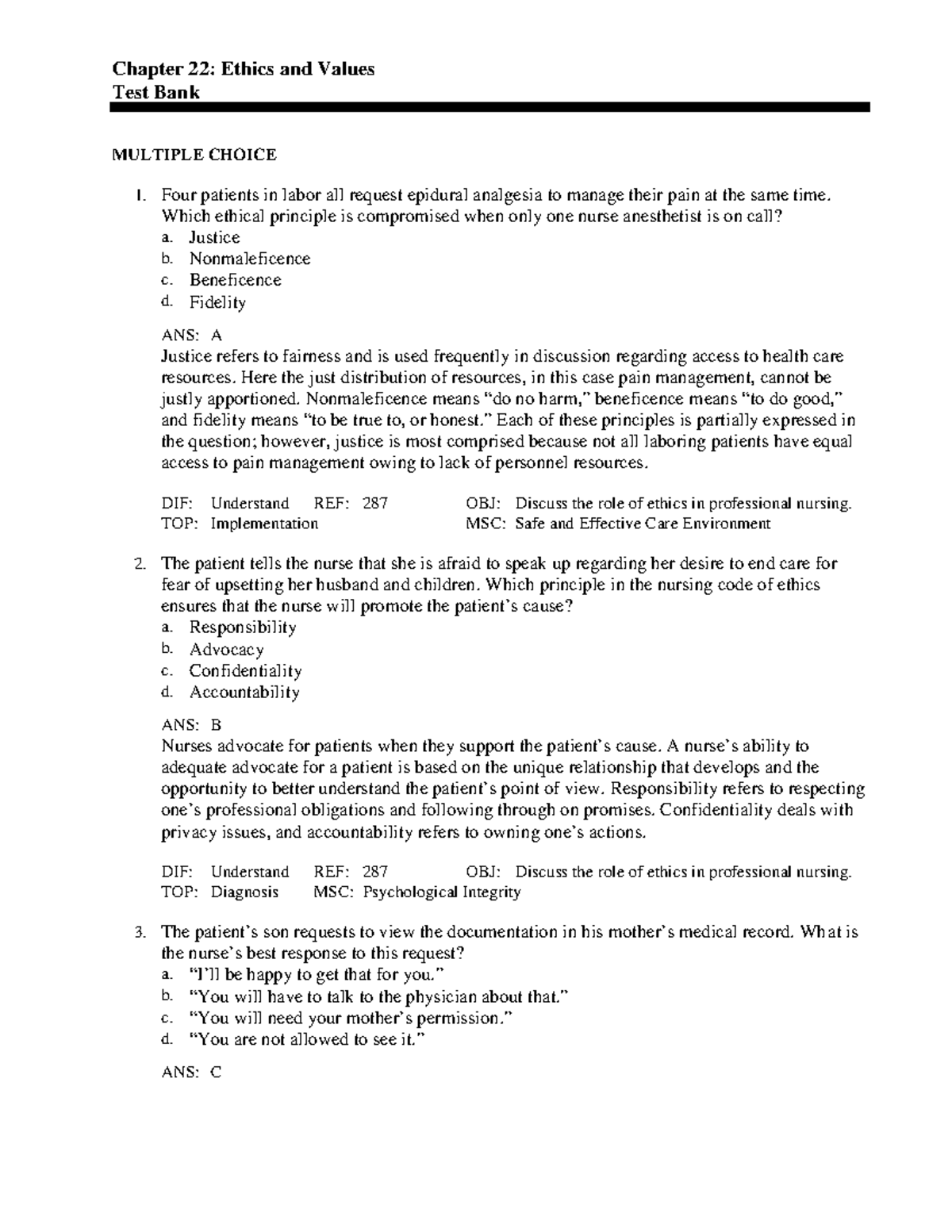Chapter 22 - notes - Chapter 22: Ethics and Values Test Bank MULTIPLE ...