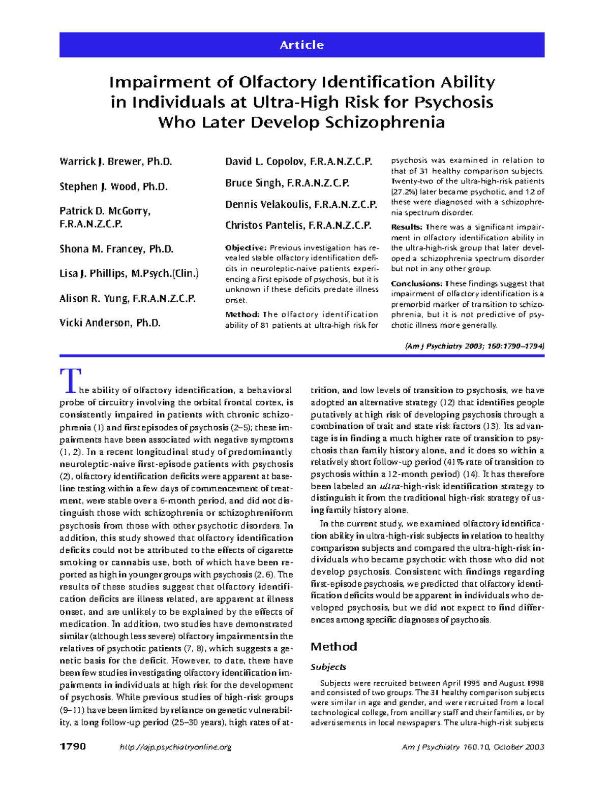 Impairment Of Olfactory Identification A - Article 1790 Ajp ...